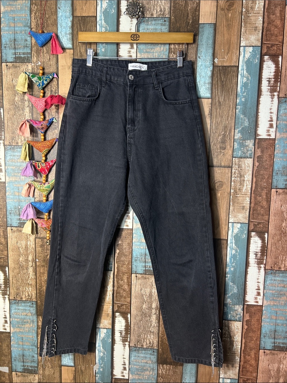 Washed Black Slim Straight boyfriend jeans with embellished cuff